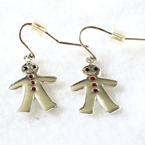Sterling silver 925 gingerbread men earrings with small stones eyes buttons - Picture 7 of 7
